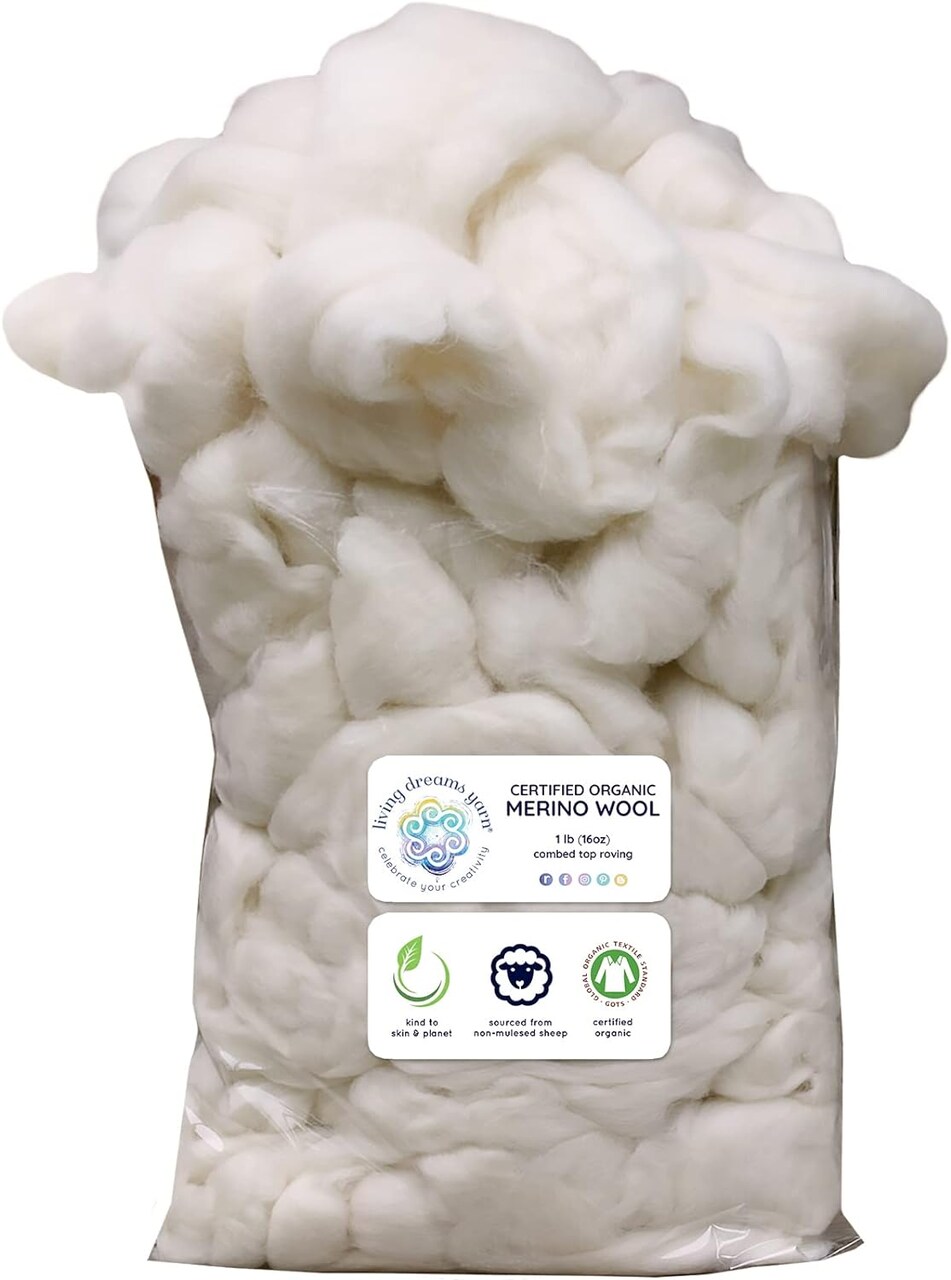 CERTIFIED ORGANIC MERINO Wool Roving. Ethically & Responsibly Sourced Combed Top Fiber. Spinning, Felting, Filling - 1 lb Bag, Natural White